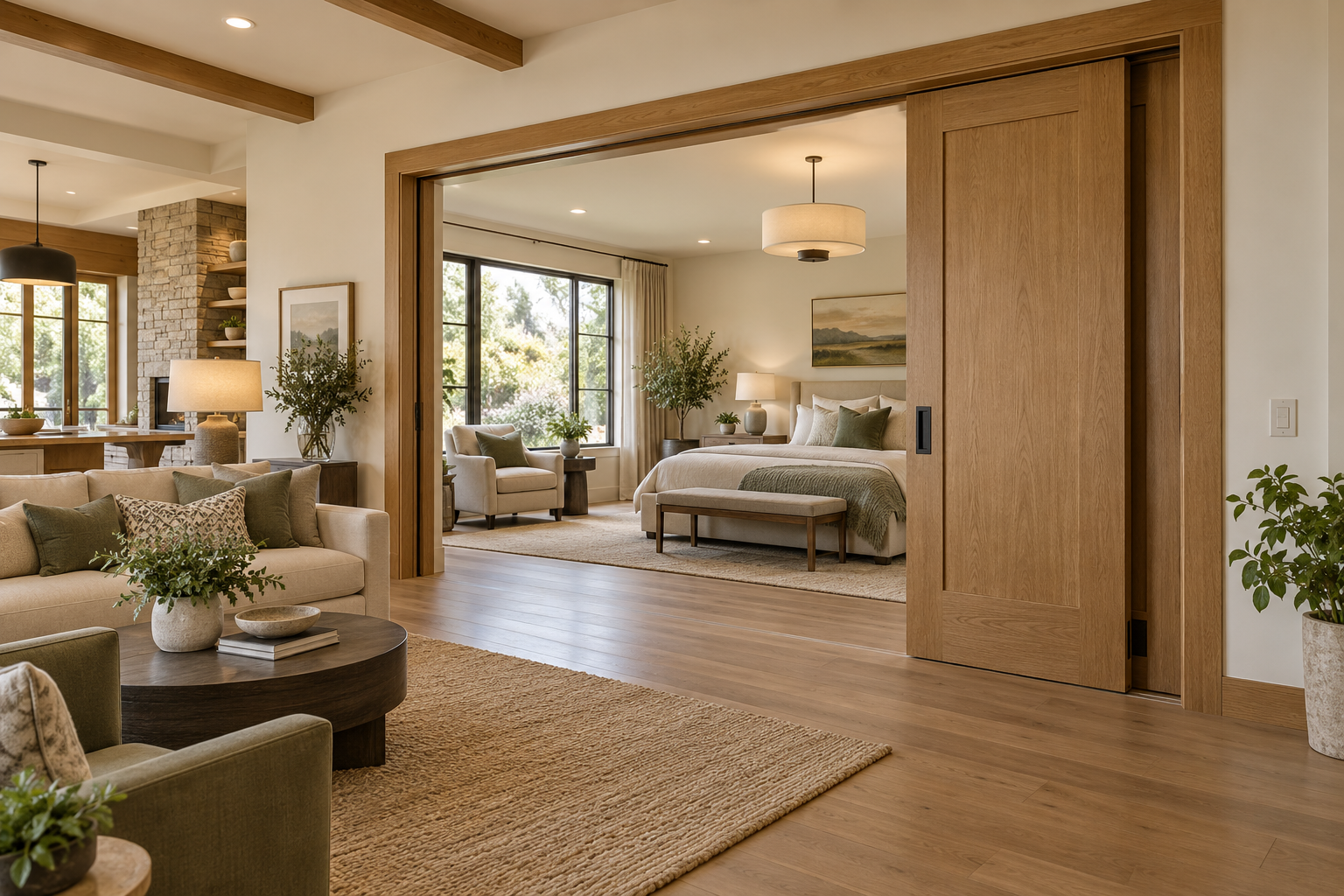 Large, partially recessed oak pocket door, an extra-wide opening, level flooring, and spacious circulation paths—all with a warm, residential feel.
