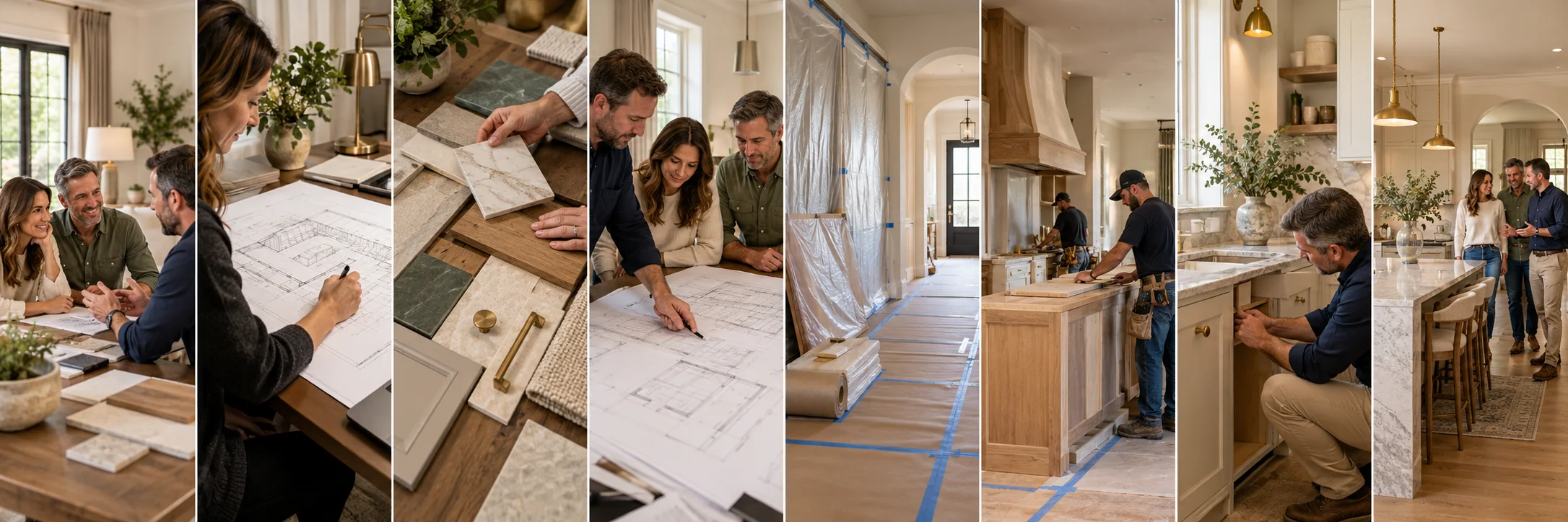 Eight scenes illustrating a remodeling project, from consultation and design through construction and the final walkthrough